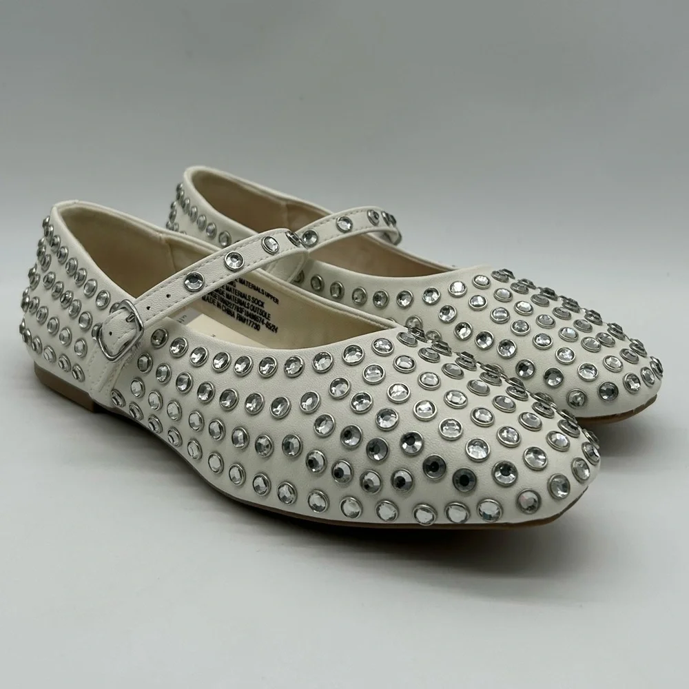 A New Day Issa Flats White Studded Mary Jane Shoes Vegan | Size 6 | New With Box